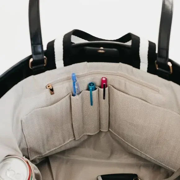 Woven Tiffany Organizer Tote Bag Brown White Checkered - Picture 5 of 6